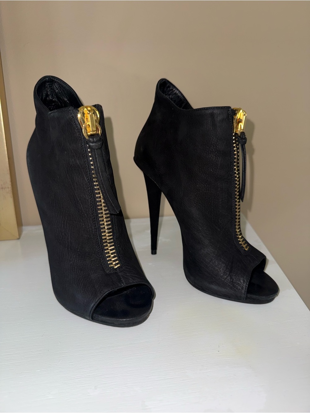 Giuseppe Zanotti Peep-Toe Stiletto Ankle Boots with Gold Zipper 39